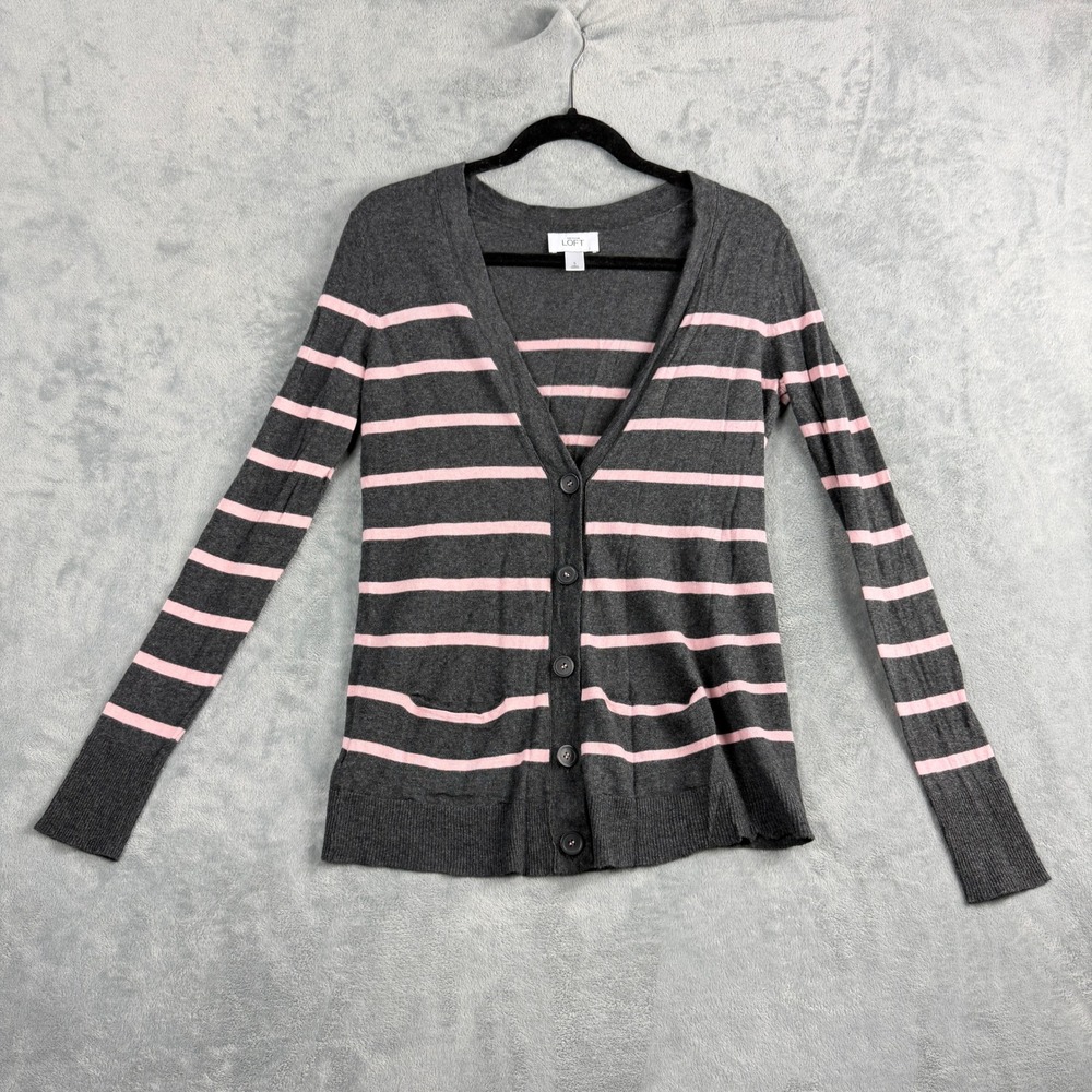 Loft Women Small Gray Pink Striped Cardigan V-Neck Cotton Wool Preppy Y2K B99